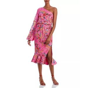 Hemant and Nandita Womens One Shoulder Midi Dress Ruffled Hem Floral Pink Size S